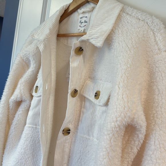 Hippie Rose Juniors' Corduroy-Trim Sherpa Button-up Shacket - Winter White Med. - Picture 3 of 6